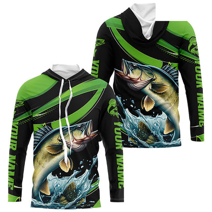 Black And Green Custom Walleye Fishing Jerseys, Walleye Long Sleeve Tournament Fishing Shirts IPHW7001