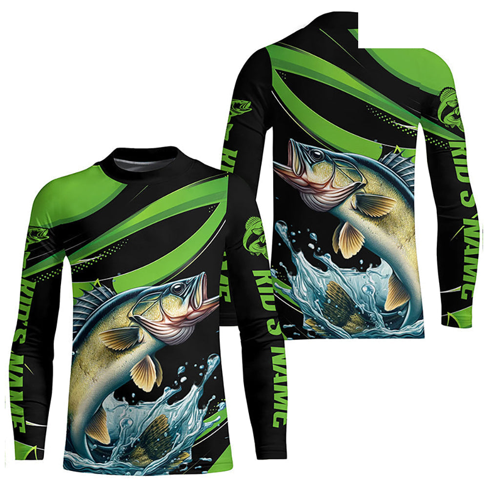 Black And Green Custom Walleye Fishing Jerseys, Walleye Long Sleeve Tournament Fishing Shirts IPHW7001