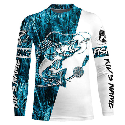 Walleye Fishing Tattoo Blue Camo Custom Long Sleeve Shirts, Walleye Tournament Fishing Jerseys IPHW6128