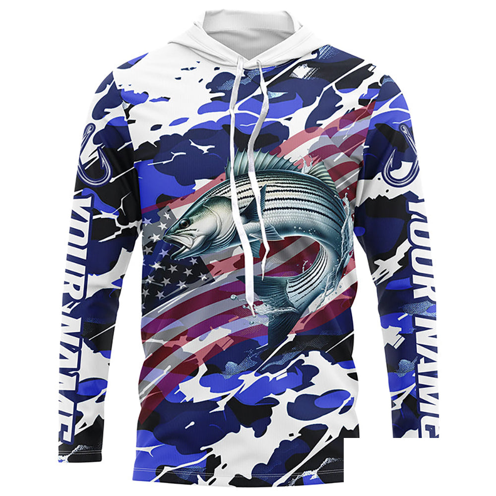 Striped Bass Fishing American Flag Camo Custom Long Sleeve Shirts, Striper Saltwater Fishing Shirts IPHW6509