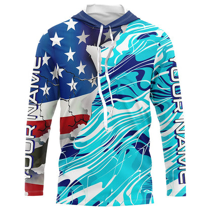 Custom American Flag Blue Camo Long Sleeve Shirts, Patriotic Performance Fishing Shirts IPHW6534