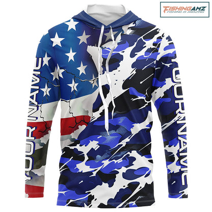 Custom American Flag Blue Camo Long Sleeve Shirts, Patriotic Performance Fishing Shirts IPHW6535