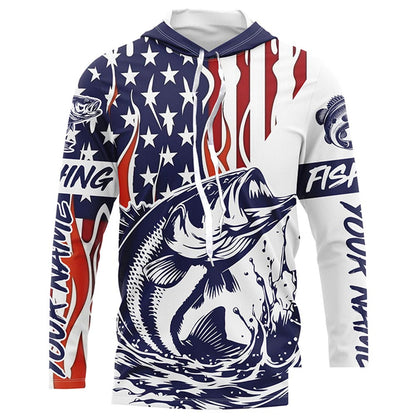Flame American Flag Custom Bass Long Sleeve Tournament Fishing Shirts, Patriotic Bass Fishing Jersey IPHW5942