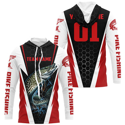 Pike Fishing Long Sleeve Tournament Shirts For Fishing Team With Custom Name And Number | Red IPHW6241