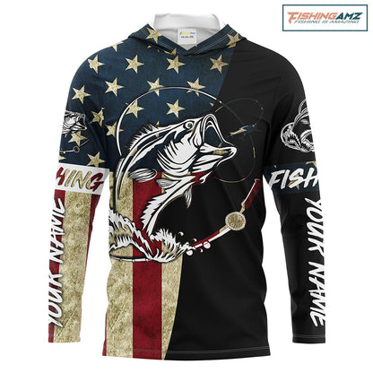 Personalized Bass Fishing American Flag Custom Long Sleeve Fishing Shirts, personalized Patriotic Fishing gifts - IPHW1193