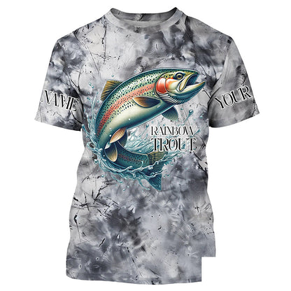 Gray Tie Dye Camo Custom Rainbow Trout Fly Fishing Shirts, Trout Long Sleeve Fishing Shirt IPHW7057