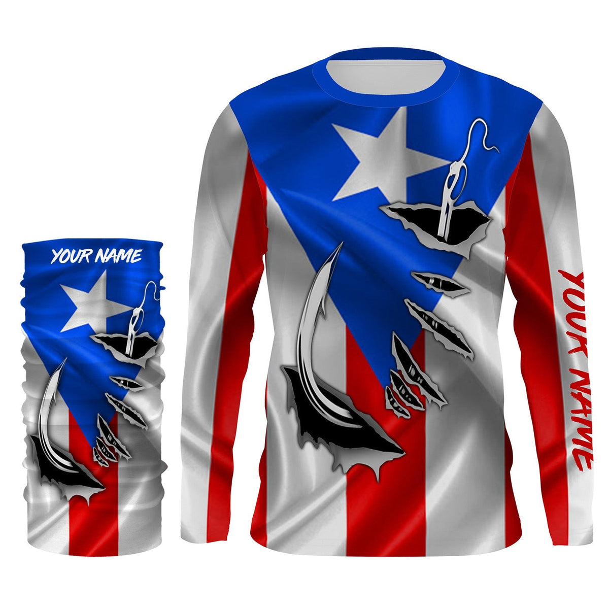 Puerto Rico Fishing 3D Fish Hook Flag UV protection custom Patriotic Fishing Shirts IPHW370