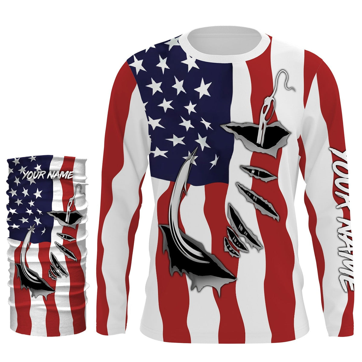 US Fishing Fish Hook American flag UV protection custom long sleeves shirts Patriotic fishing apparel IPH1900