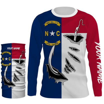 NC North Carolina Flag Fishing 3D Fish Hook UV protection quick dry customize name long sleeves shirts personalized Patriotic fishing apparel gift for Fishing lovers IPH1905