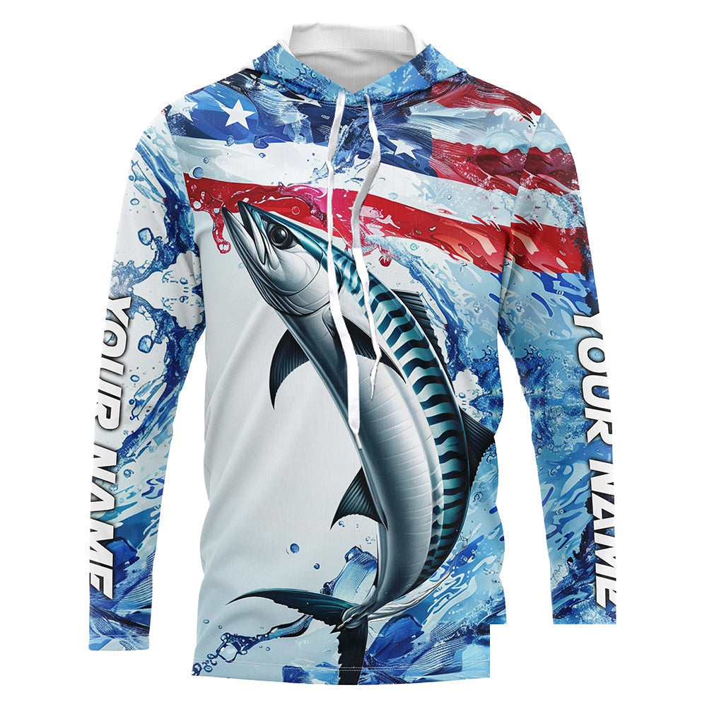 Custom Water American Flag King Mackerel Long Sleeve Fishing Shirts, Kingfish Team Fishing Jerseys IPHW6606