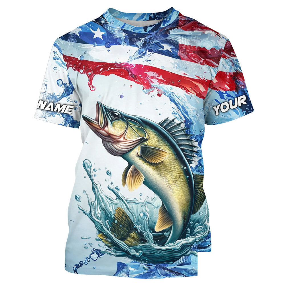 Personalized Patriotic Walleye Long Sleeve Fishing Shirts, American Flag Fishing Shirts IPHW7186