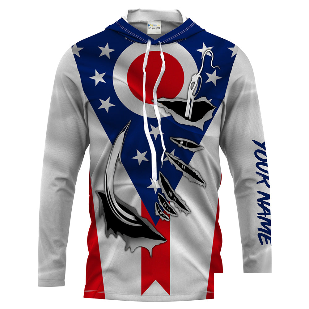 OH Fishing 3D Fish Hook Ohio Flag UV protection Custom Men Long Sleeve performance Fishing Shirts - HPW43