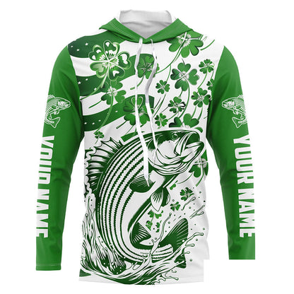 Custom St Patrick'S Day American Flag Striped Bass Fishing Shirts, Patriotic Striper Fishing Jerseys IPHW5897