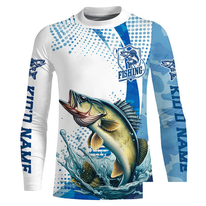 Custom Walleye Long Sleeve Fishing Shirts, Walleye Fishing Tournament Shirts | Blue Camo IPHW6833