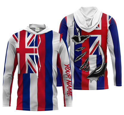 Hawaii State Fishing Custom Hawaiian Flag 3D Fish Hook UV protection Men Long sleeve fishing apparel gifts - HPW50