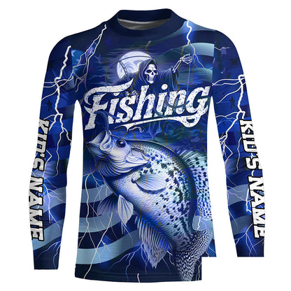 Blue Lightning American Flag Custom Crappie Fishing Long Sleeve Shirts, Fish Reaper Fishing Jerseys IPHW6687