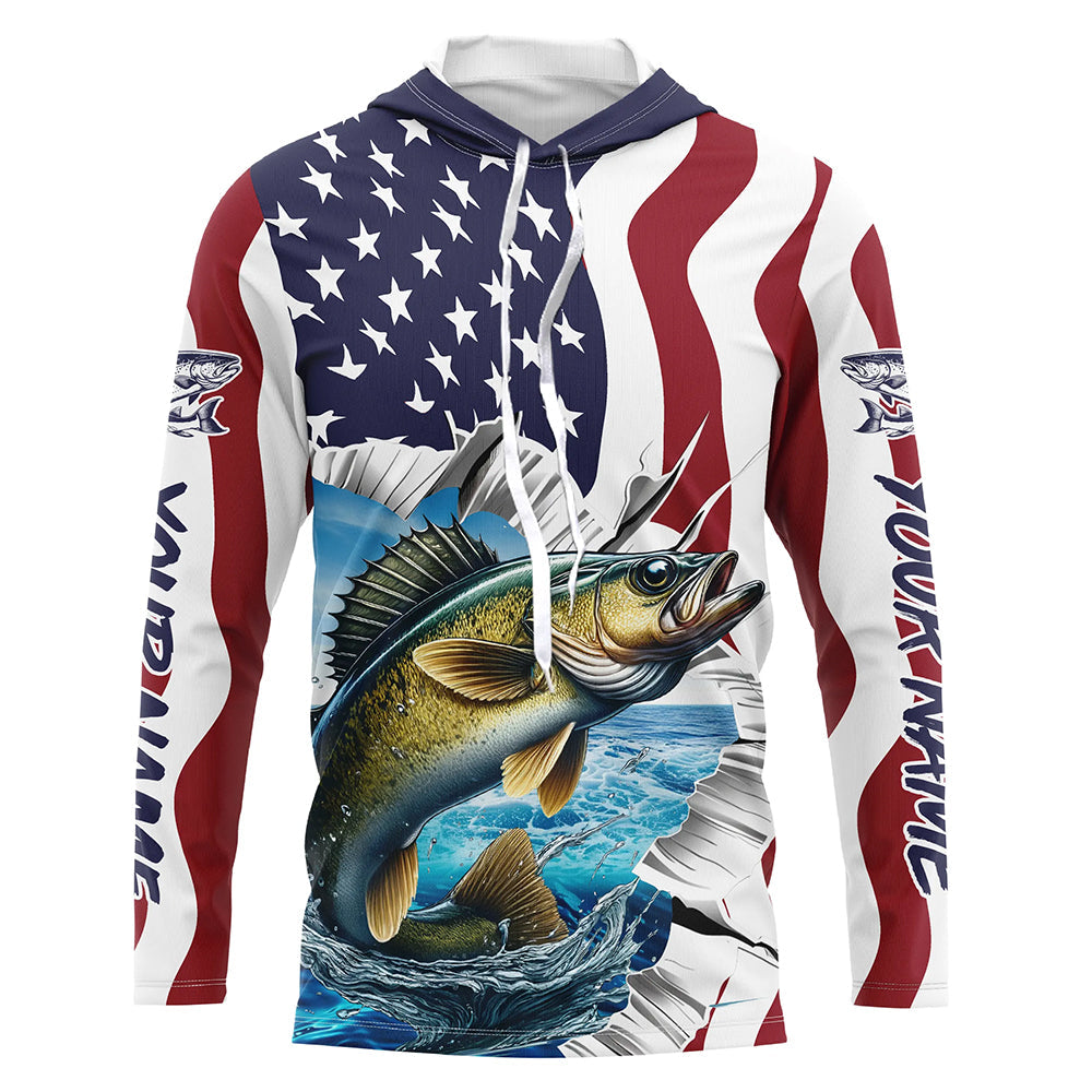 Custom American Flag Walleye Fishing Long Sleeve Shirts, Patriotic Walleye Fishing Jerseys IPHW6530