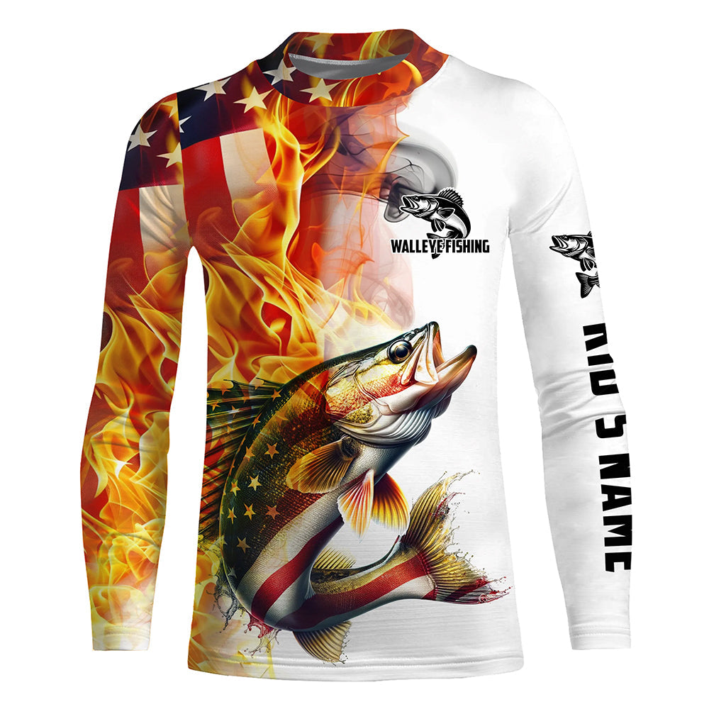 Flame American Flag Custom Walleye Fishing Shirts, Patriotic Walleye Long Sleeve Fishing Jerseys IPHW5965