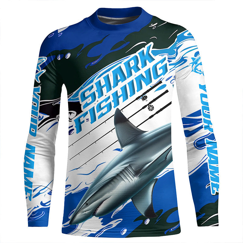 Blacktip Shark Fishing Custom Long Sleeve Performance Shirts, Shark Fishing Apparel | Blue Camo IPHW6289