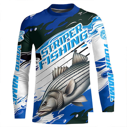 Striped Bass Fishing Custom Long Sleeve Performance Shirts, Striper Fishing Jerseys | Blue Camo IPHW6291
