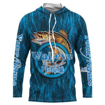 Personalized Walleye Long Sleeve Fishing Shirts, Walleye Tournament Fishing Shirts | Blue Camo IPHW5737