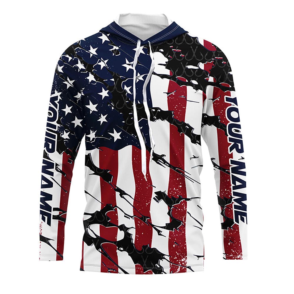 Personalized American Flag Long Sleeve Fishing Shirts Uv Protection, Patriotic Fishing Apparel IPHW6994
