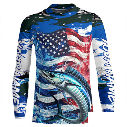 Wahoo Fishing Custom Long Sleeve Performance Shirts, American Flag Patriotic Wahoo Fishing Shirt IPHW7022