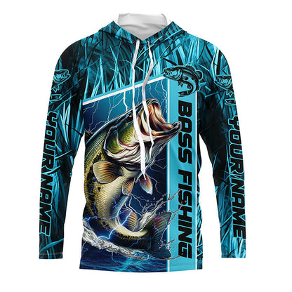 Custom Teal Blue Camo Bass Long Sleeve Tournament Fishing Shirts, Bass Fishing Jerseys IPHW5826