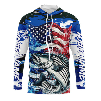 Custom American Flag Striped Bass Long Sleeve Fishing Shirts, Blue Camo Striper Fishing Jerseys IPHW6008