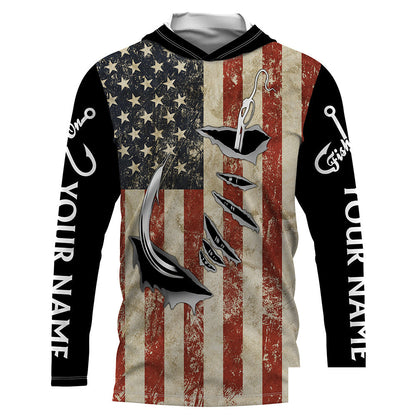 US Fishing Fish Hook American Flag patriotic Customize Name UV protection UPF 30+ long sleeves fishing shirt for men NPQ71