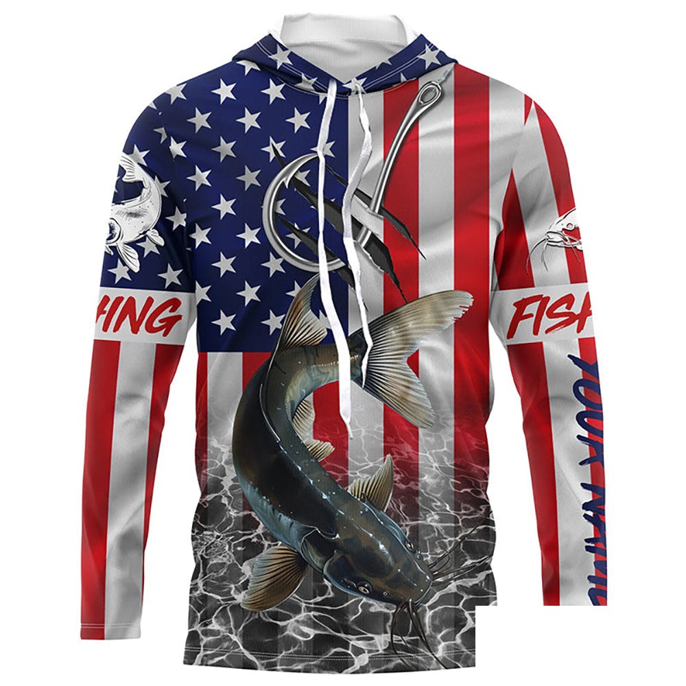 American Flag Catfish Fish hook Custom long sleeve performance Fishing Shirts, Catfish Fishing jerseys NQS5535