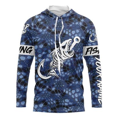 Custom Blue Camo Long sleeve fishing shirt Fish hook skull sun protection fishing jerseys| Long sleeve NQS5084