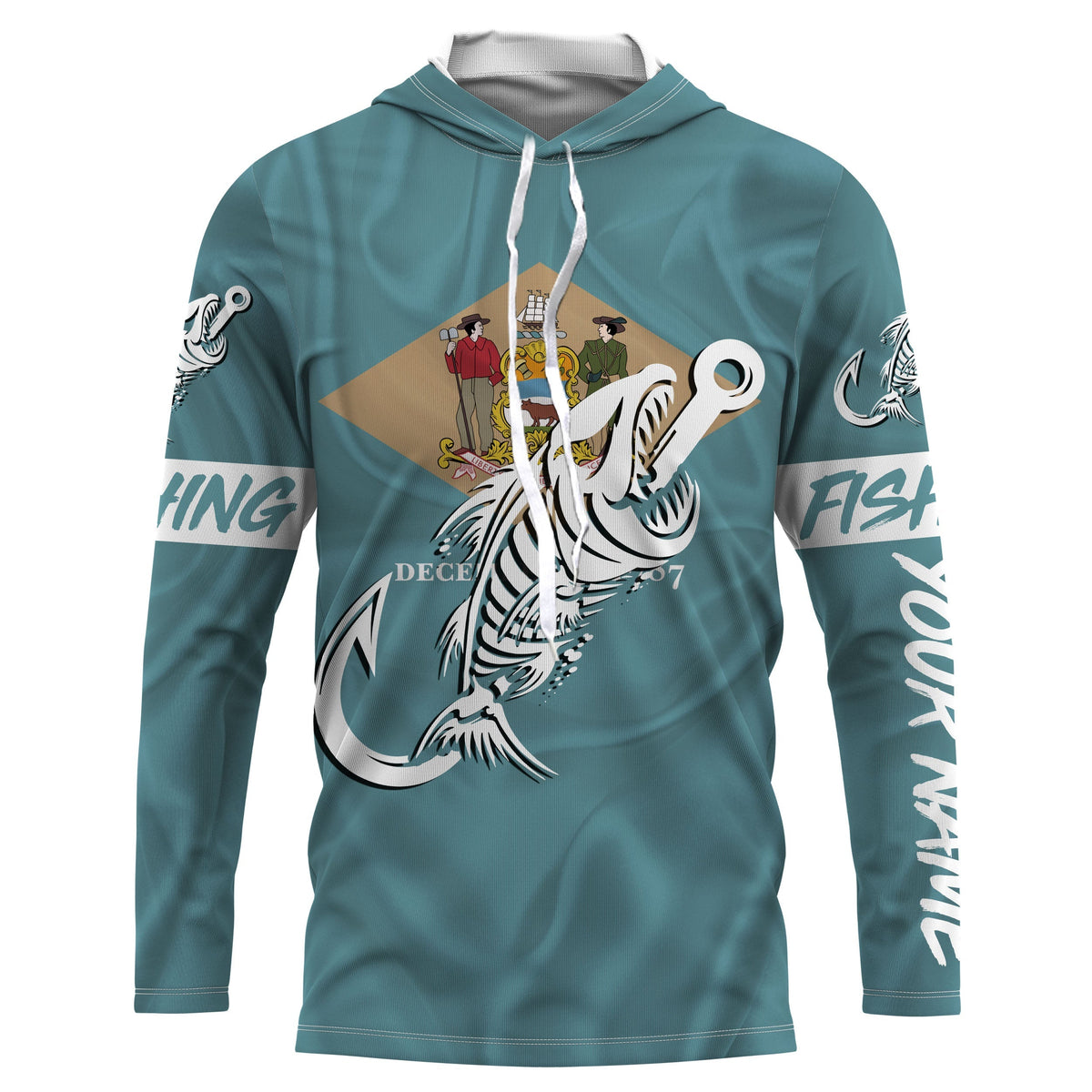 DE Fishing Custom Delaware Flag Fish hook skull Custom Long sleeve, Long Sleeve Hooded NPQ727