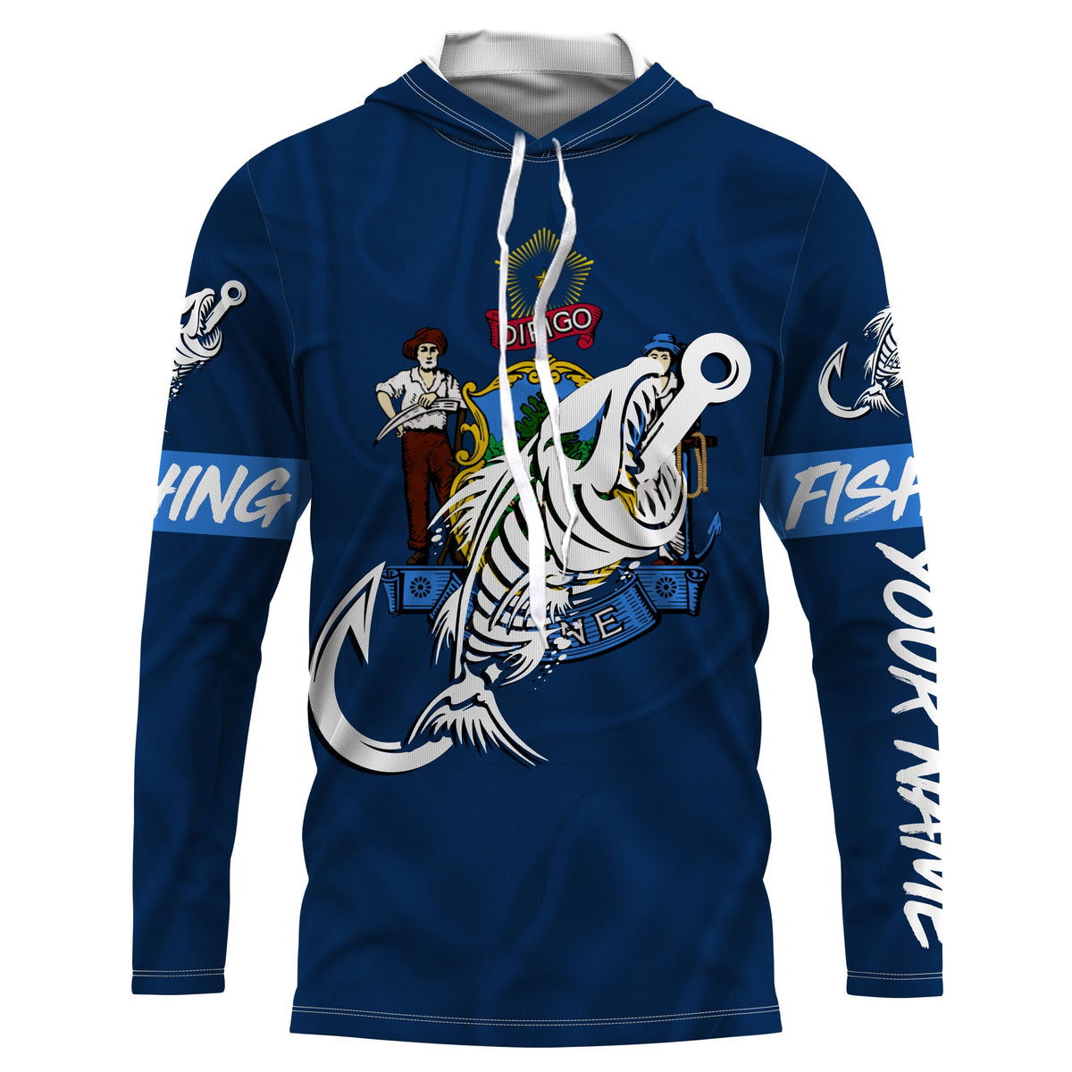 ME Maine Fishing Flag Fish hook skull Custom name jerseys | Long sleeve, Long Sleeve Hooded NPQ730