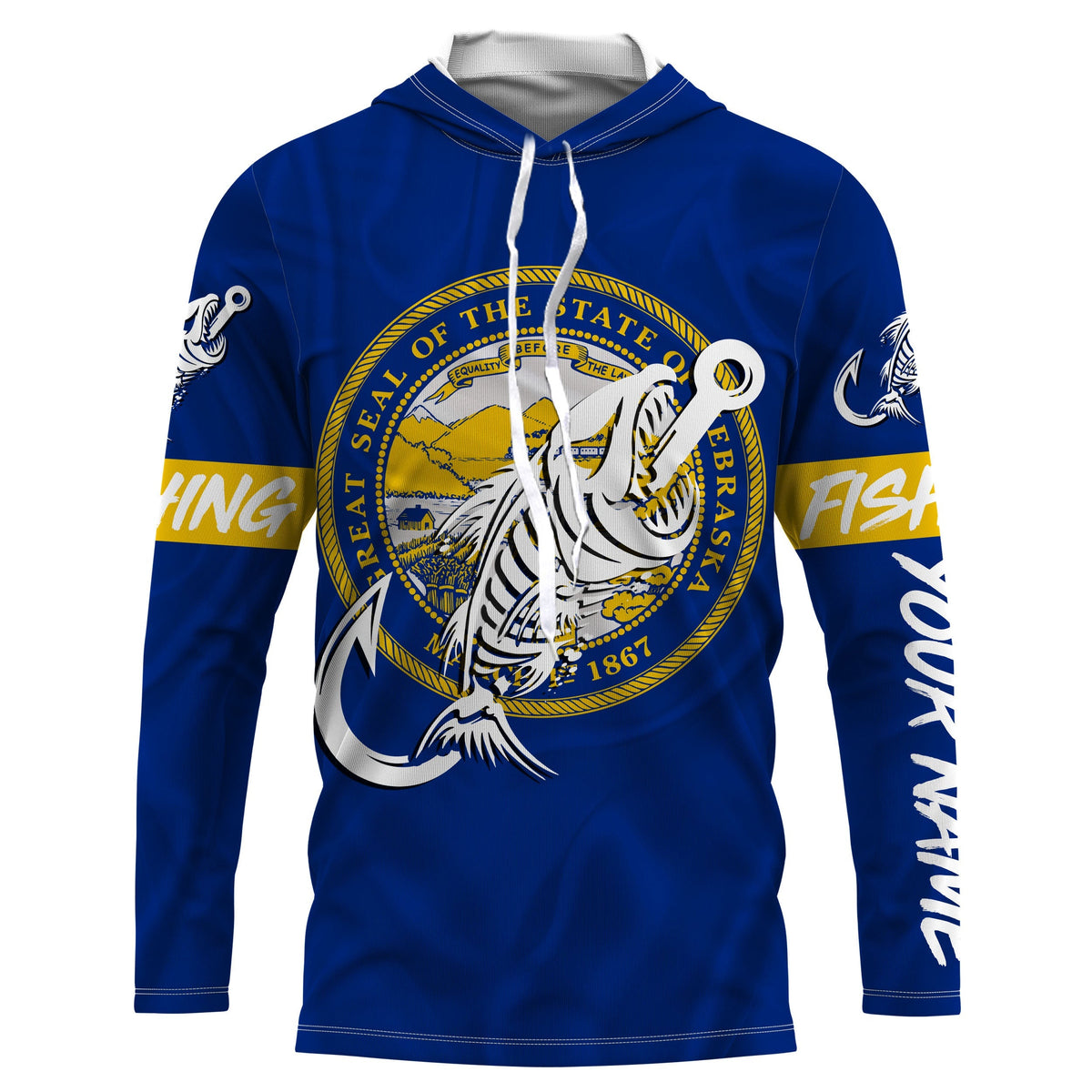NE Nebraska Fishing Flag Fish hook skull Custom name jerseys | Long sleeve, Long Sleeve Hooded NPQ733
