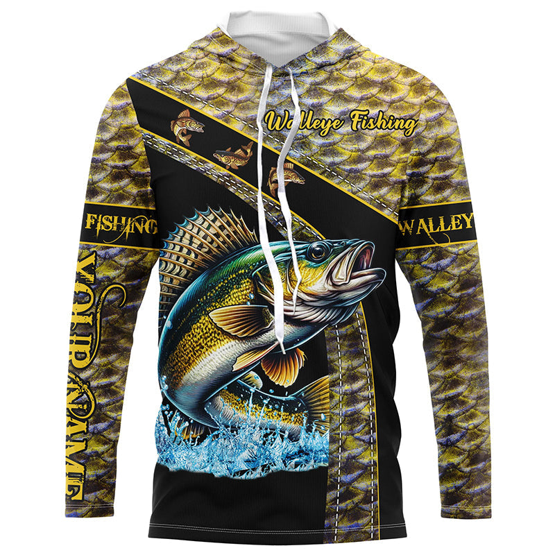 Walleye fishing yellow Walleye scales Custom name Walleye fishing Long sleeve, Long Sleeve Hooded NQS4890