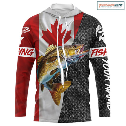 Personalized Walleye Fishing Jerseys, Custom Canadian flag Walleye Long sleeve, Long Sleeve Hooded NQS4897