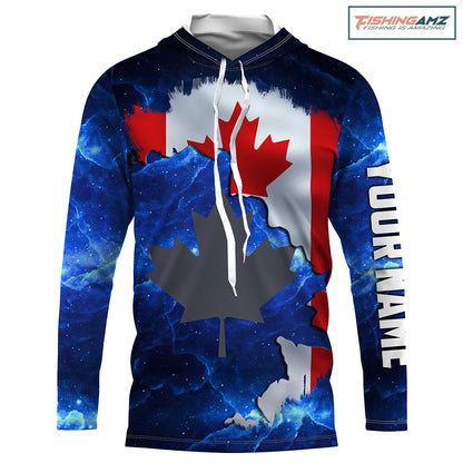 Canada Flag Universe fishing Custom Name Long sleeve, Long Sleeve Hooded Fishing Shirt - NPQ656