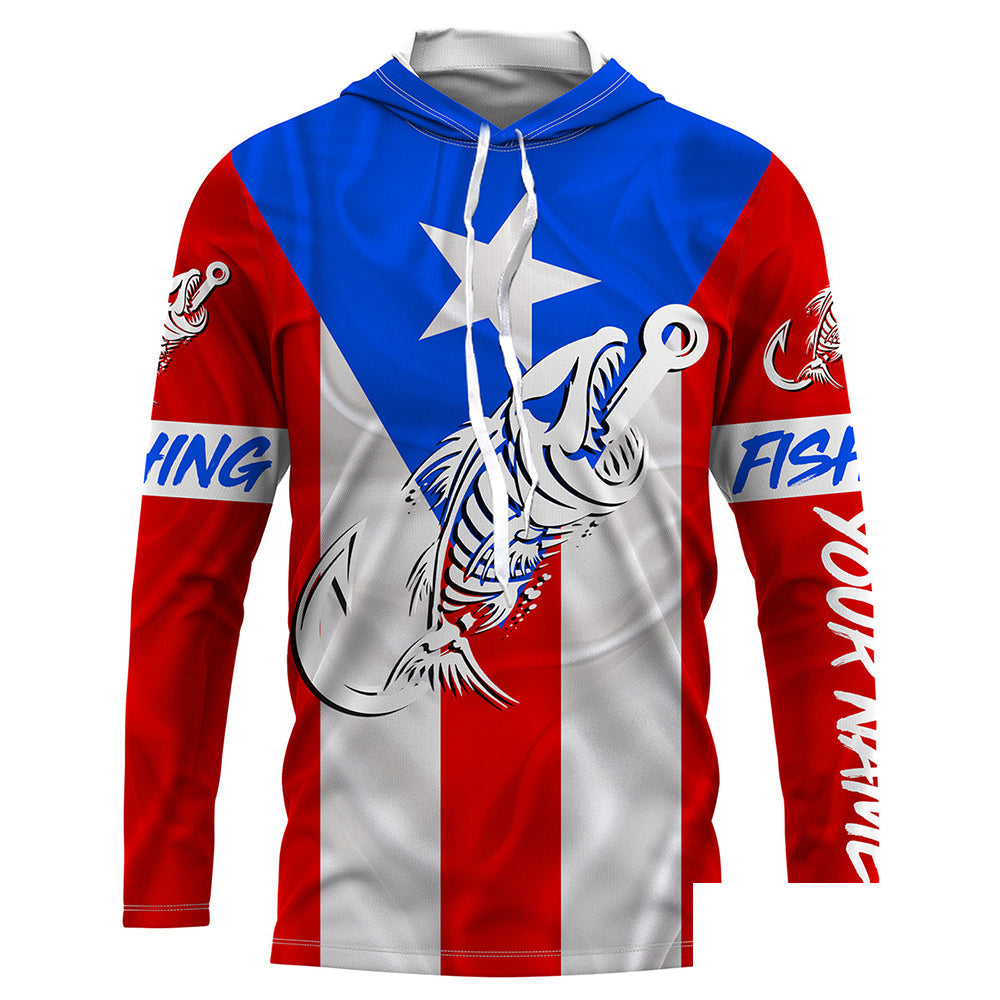 Puerto Rico Fishing Custom Flag Fish hook skull custom fishing Long sleeve, Long Sleeve Hooded NPQ707