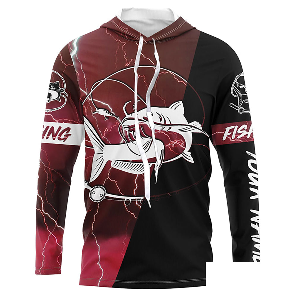 Catfish Fishing tattoo red camo lightning black Custom name performance long sleeve fishing shirts NQS5292