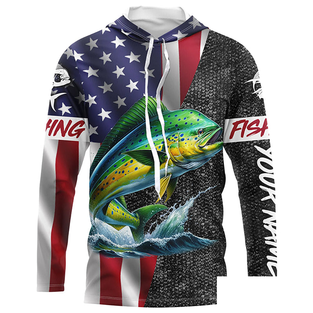 American Flag Mahi Mahi Fishing Custom long sleeve performance Fishing Shirt, Dorado Fishing jersey NQS7885