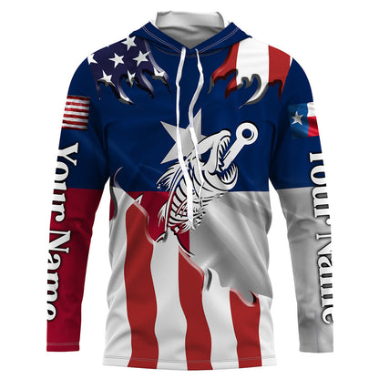 Texas American flag Fishing fish hook skull Custom name Long sleeve, Long Sleeve Hooded NPQ922