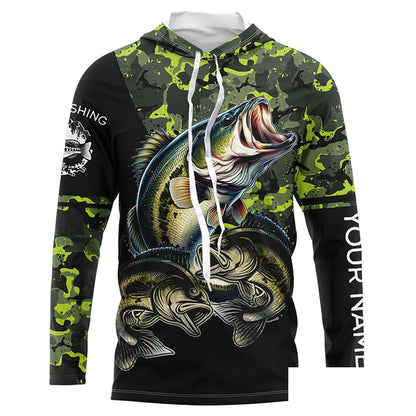 Bass fishing black green camo Custom name Long sleeve, Long Sleeve Hooded NPQ925