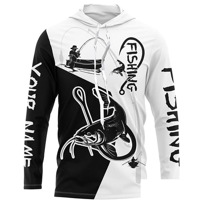 Black and white Catfish Fishing Customize Name UV protection long sleeves fishing shirt for men NPQ106