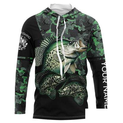 Crappie fishing black green camo Custom name Long sleeve, Long Sleeve Hooded NPQ937