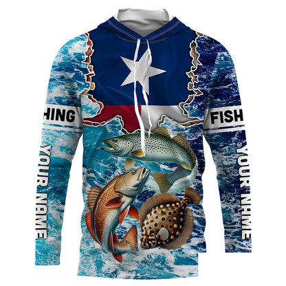 Texas Flag Redfish, trout, flounder inshore blue camo custom long sleeves performance fishing shirts NQS5464