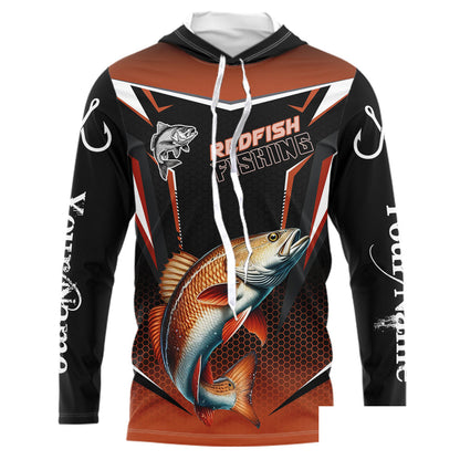 Black and Orange Redfish Long Sleeve Fishing Shirt, Personalized Red Drum Fishing Tounament Jersey NQS9774