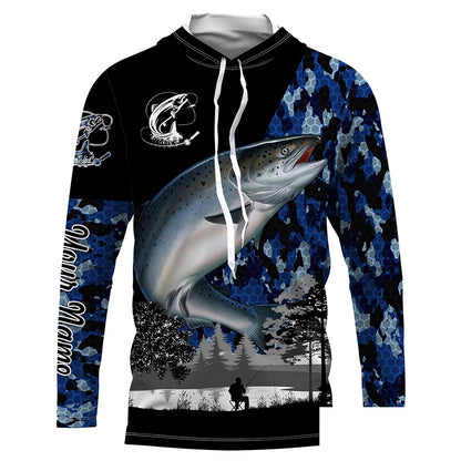 Chinook Salmon (King salmon) Fish blue camo Custom name fishing jerseys | Long sleeve, Long Sleeve Hooded NPQ832